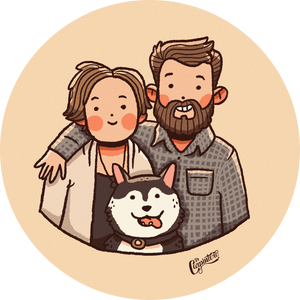A digital render of me, my partner, and our dog.